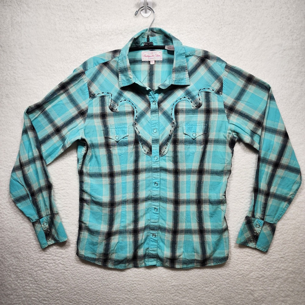Panhandle Slim Womens Turquoise Plaid Western Pearl Snap Shirt Rhinestone Large